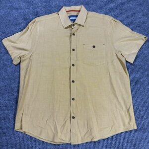 32 Bar Blues Shirt Mens Large Yellow Cotton Linen Blend Short Sleeve Dobby Weave